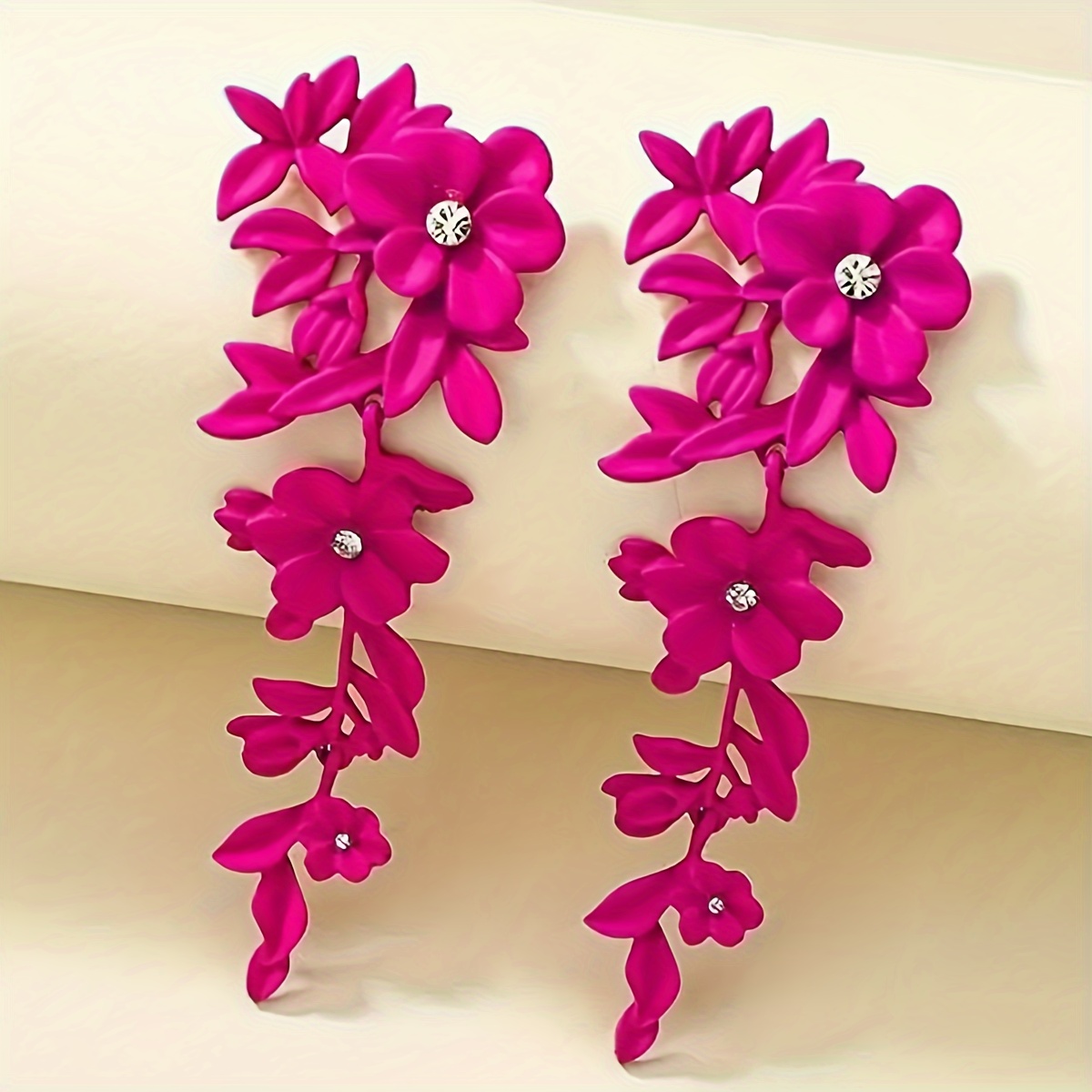 Pink Floral Dangle Earrings with Rhinestone Accents